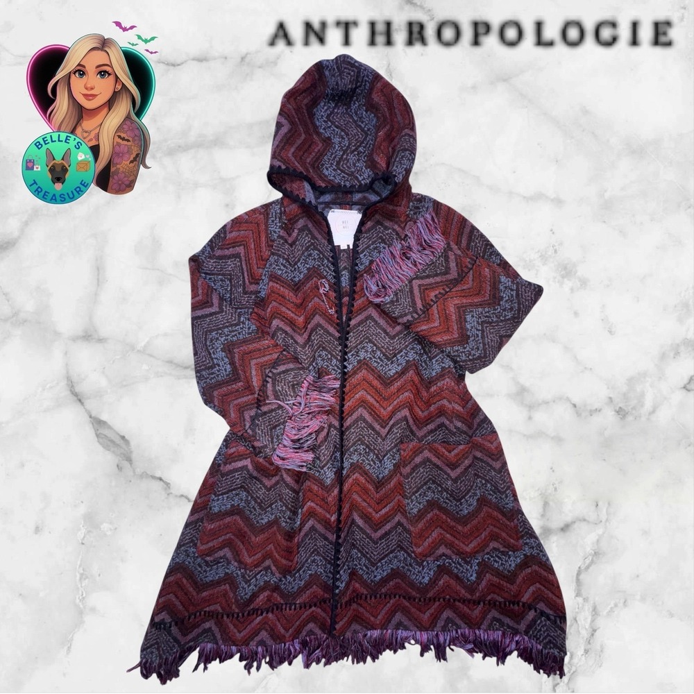 Anthro Hei Hei Mesilla Jacquard Fringe Hood Cardigan Oversized XS/S Western - Picture 4 of 16